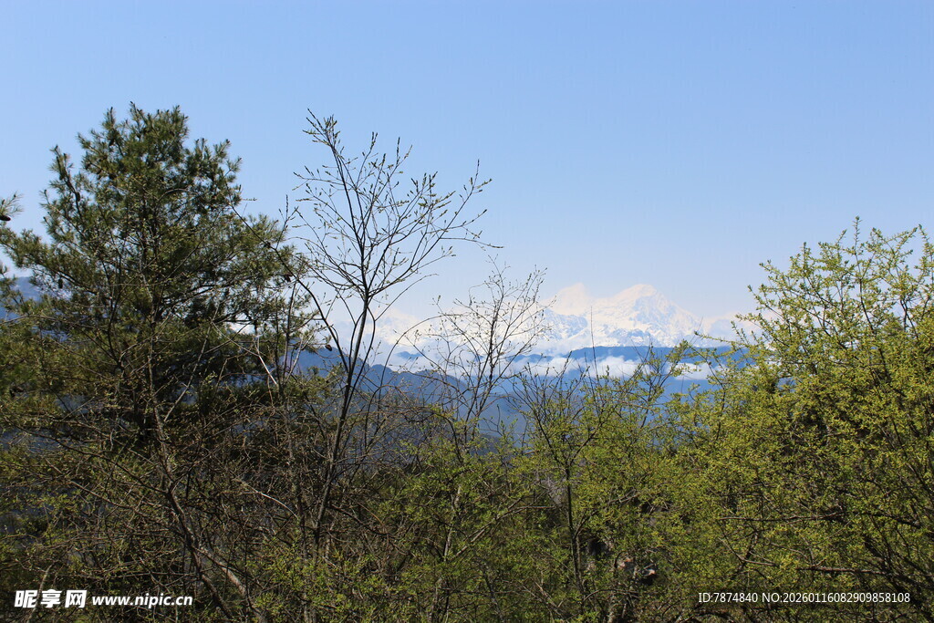 山林间的蓝天与远处雪山