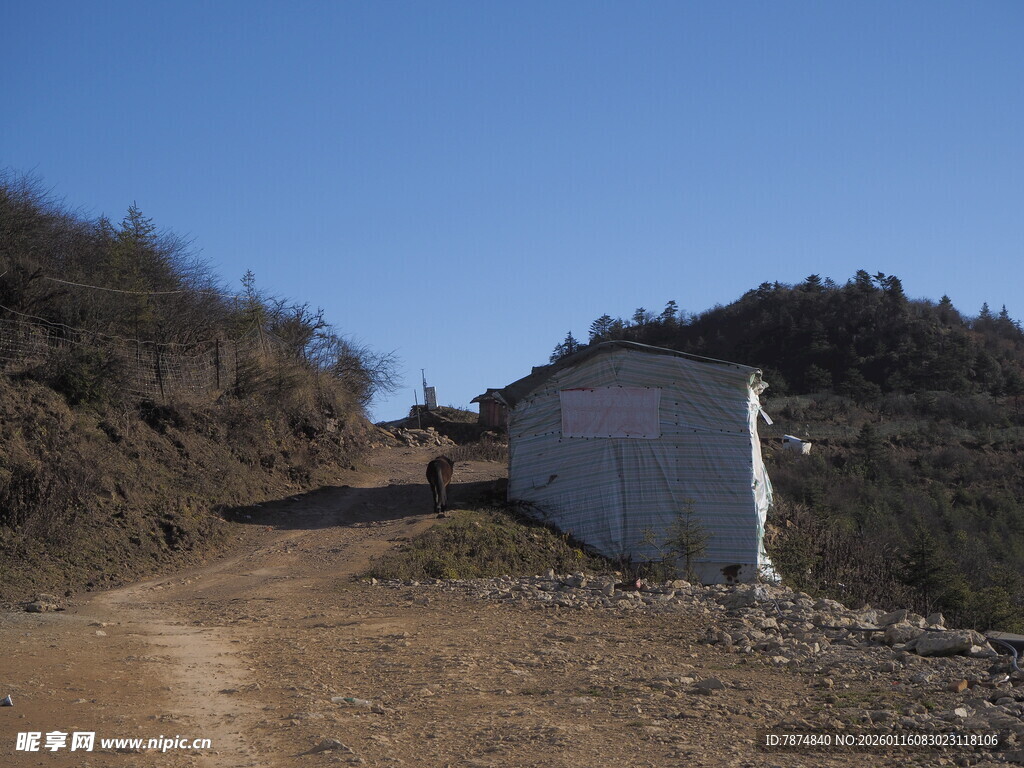 山间土路旁的白色建筑