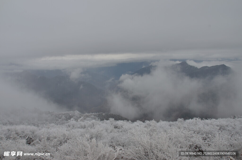 雾凇覆盖的山间云雾景观