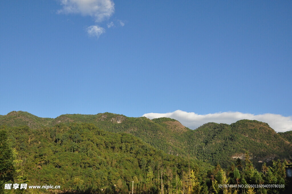 青山蓝天间的秀丽山林