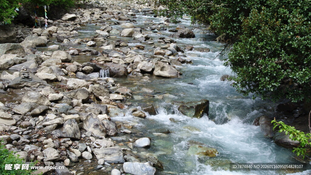 山间溪流潺潺 碎石相伴