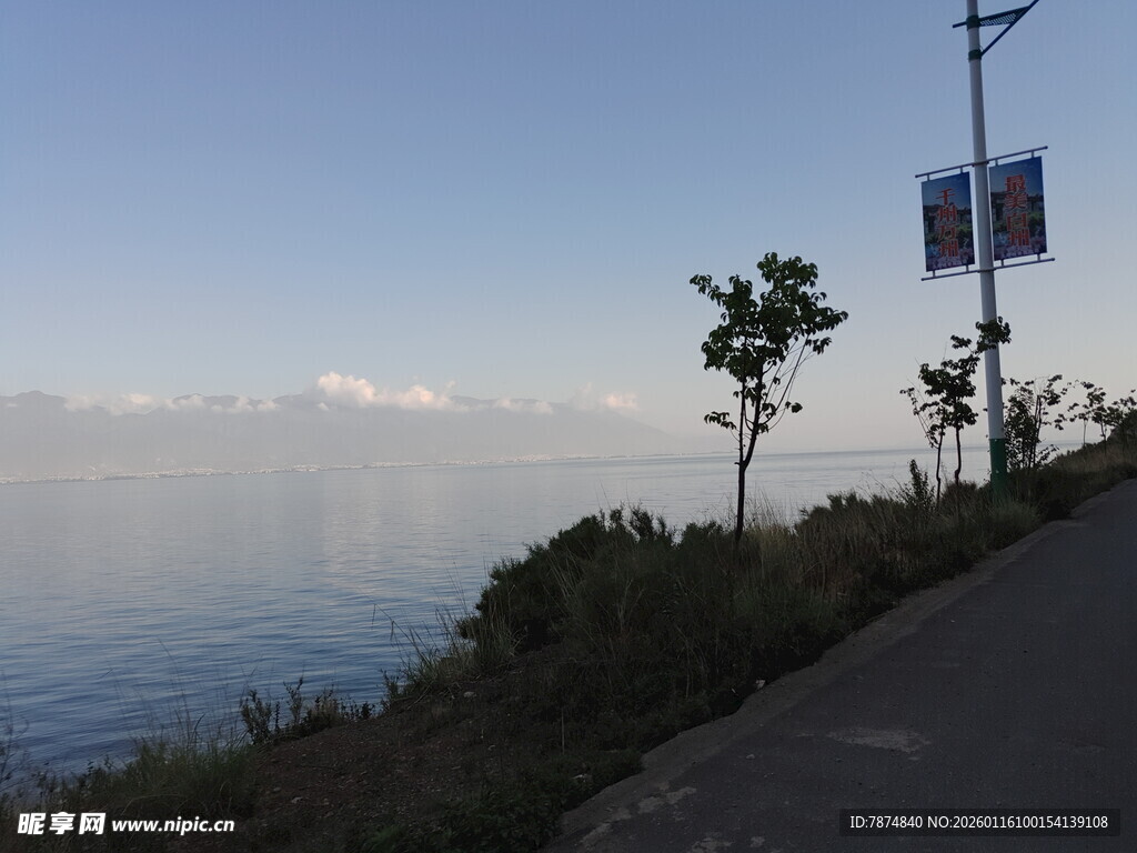 湖畔公路旁的宁静景致