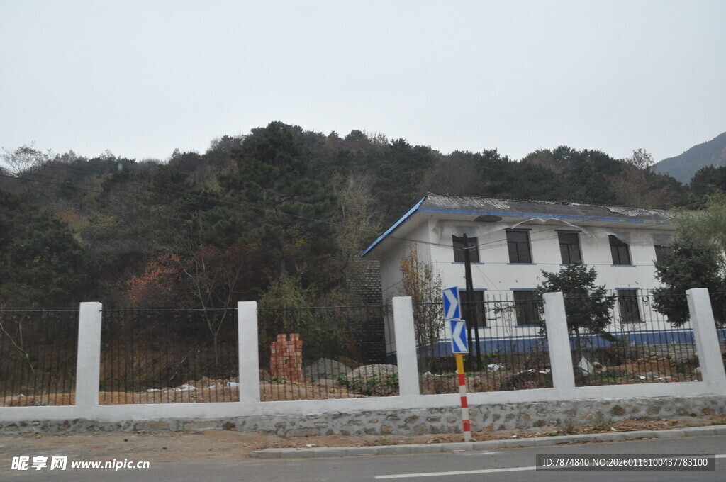 乡村路旁的白色房屋