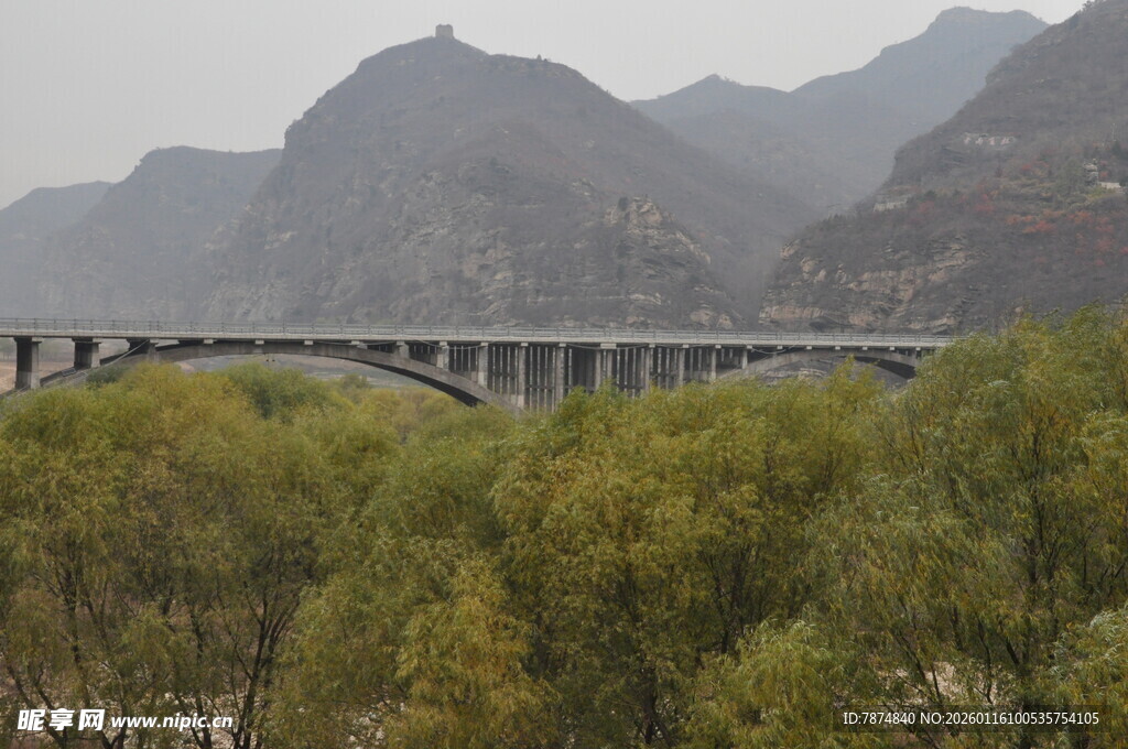 山间桥梁与葱郁树林景观
