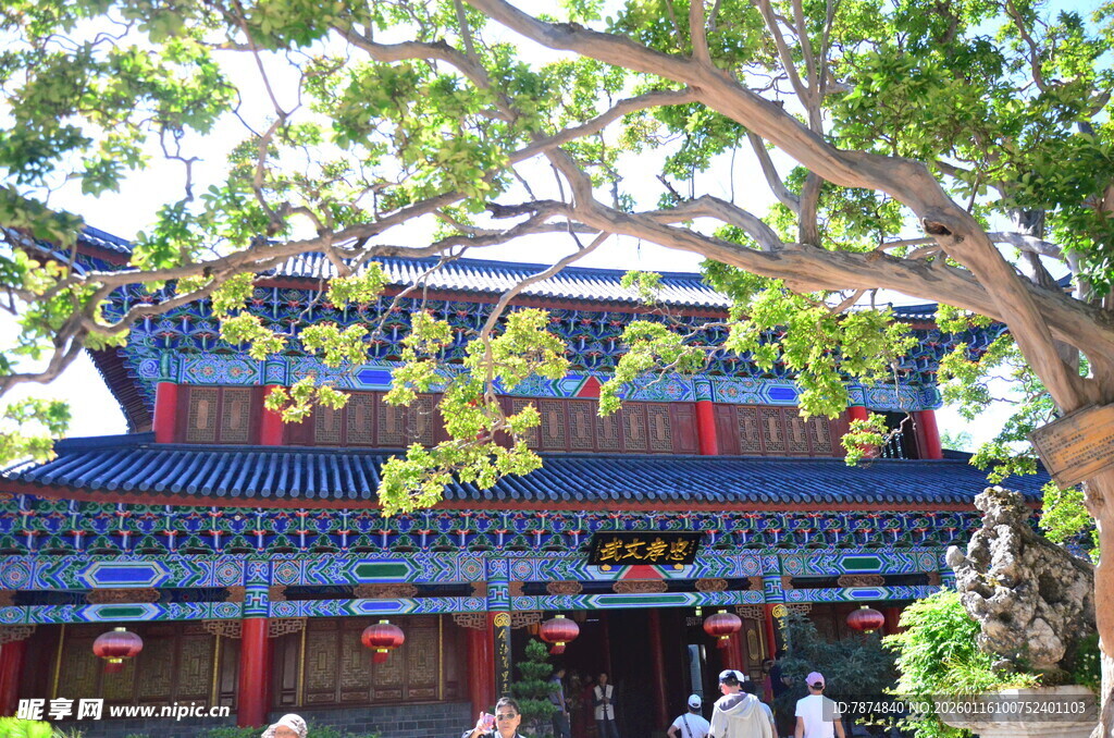 中式古建筑前繁茂绿树