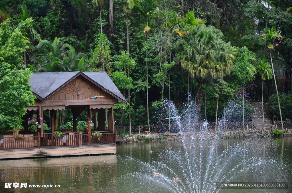 湖畔凉亭喷泉 自然美景