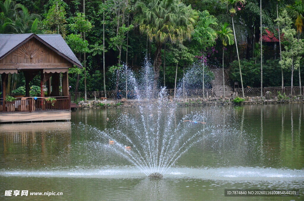 湖畔喷泉与木质凉亭景观