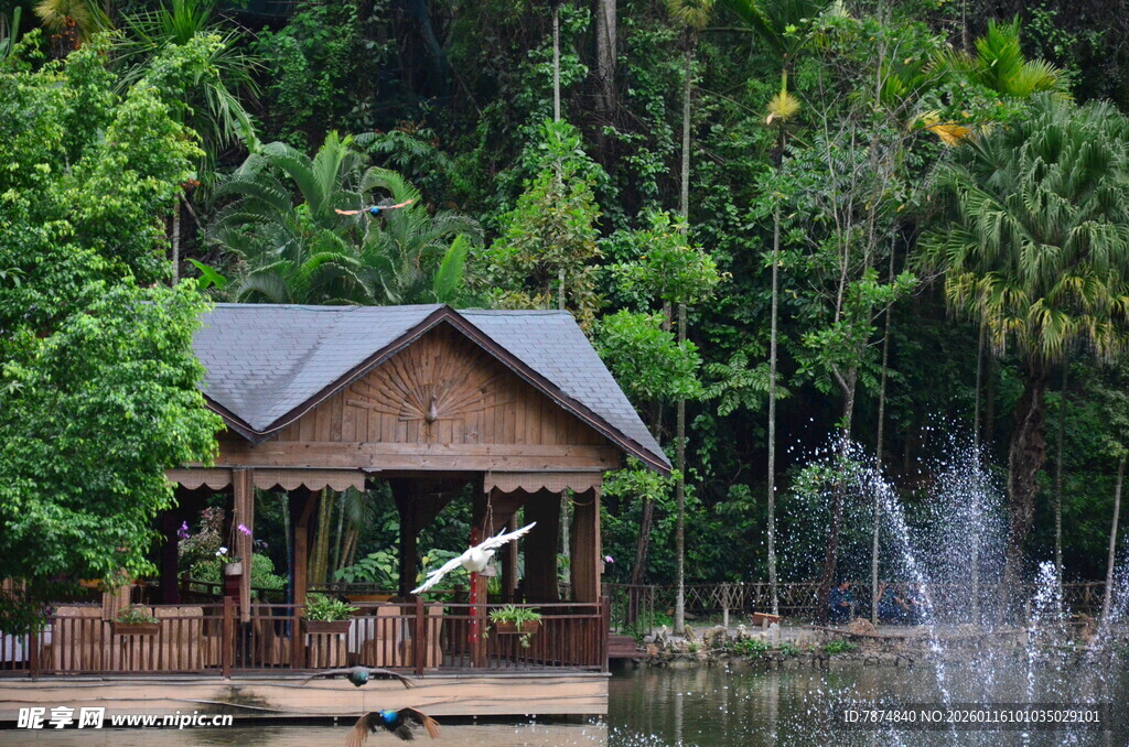 湖畔木屋伴喷泉绿植