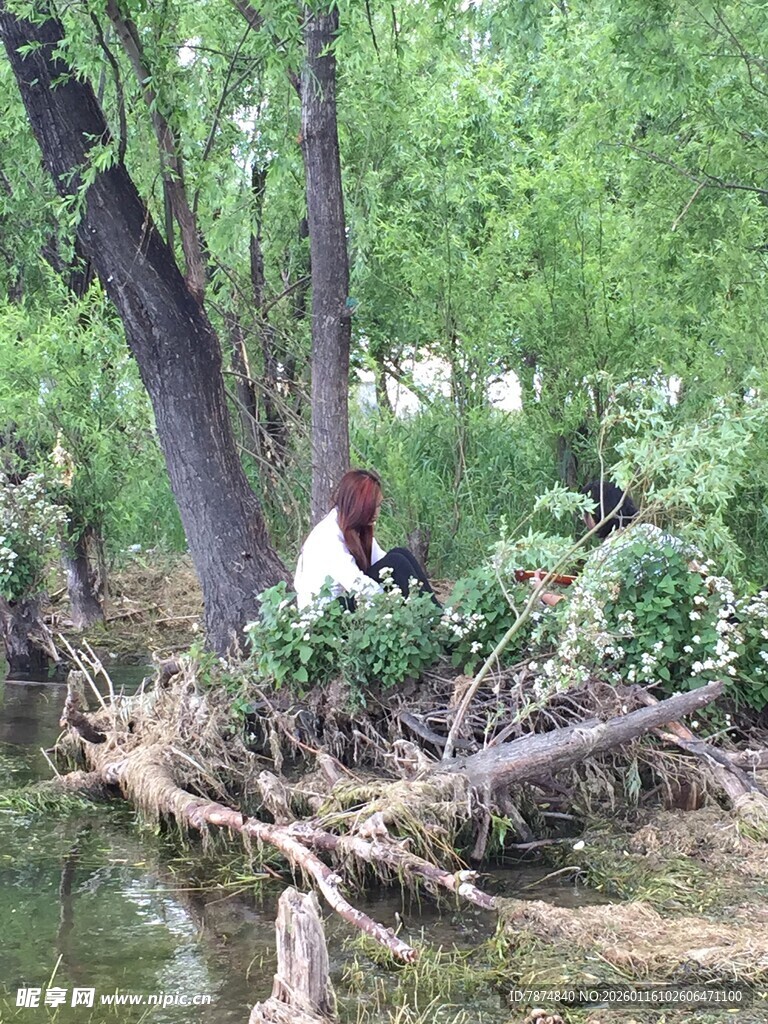 河边树下休憩的人