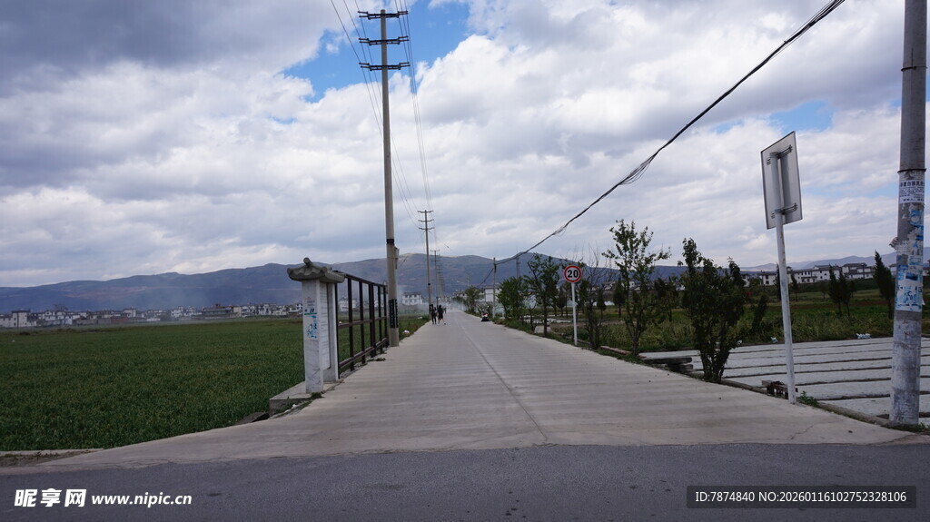 乡村小路旁的蓝天与田野