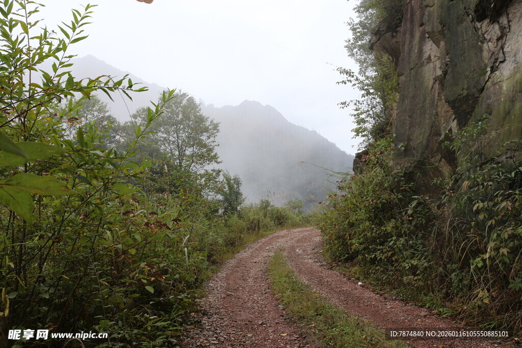 山间雾中蜿蜒的泥土小路