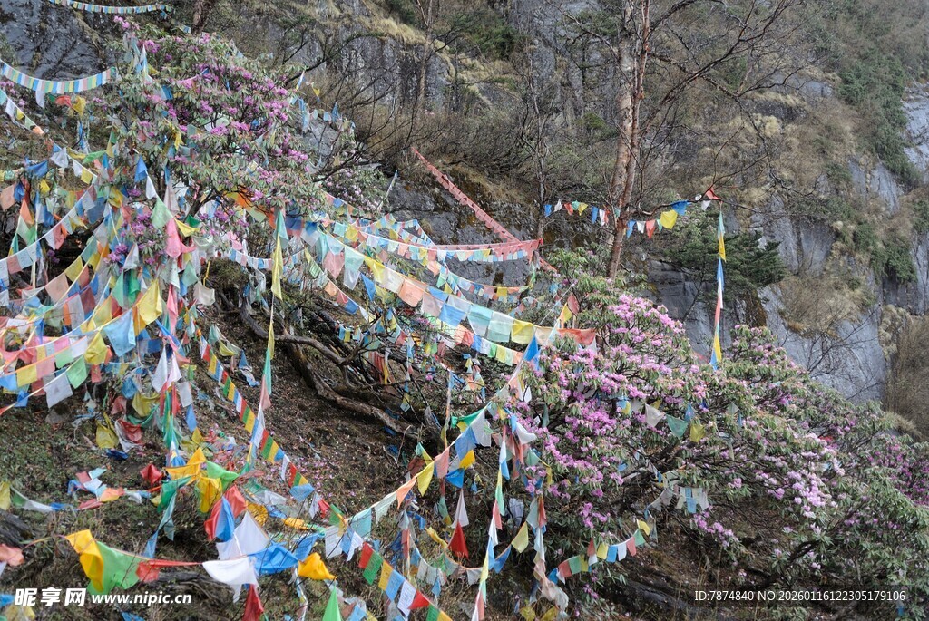 山间五彩经幡随风飘动