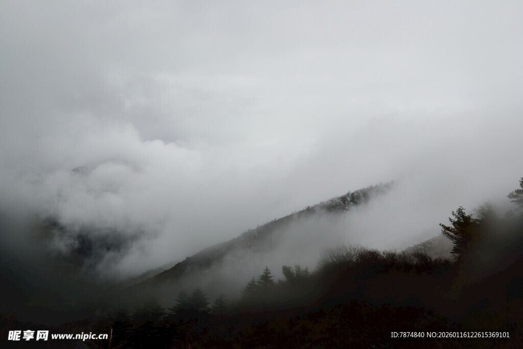 山间云雾缭绕的静谧景致