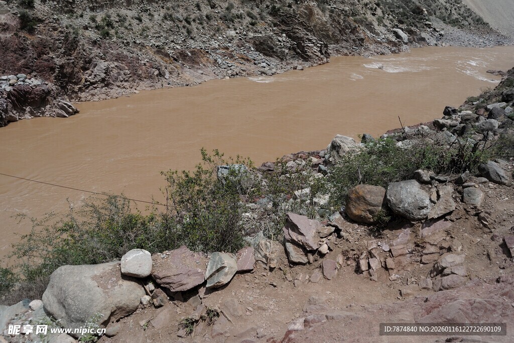 黄河边的岩石与绿植景观
