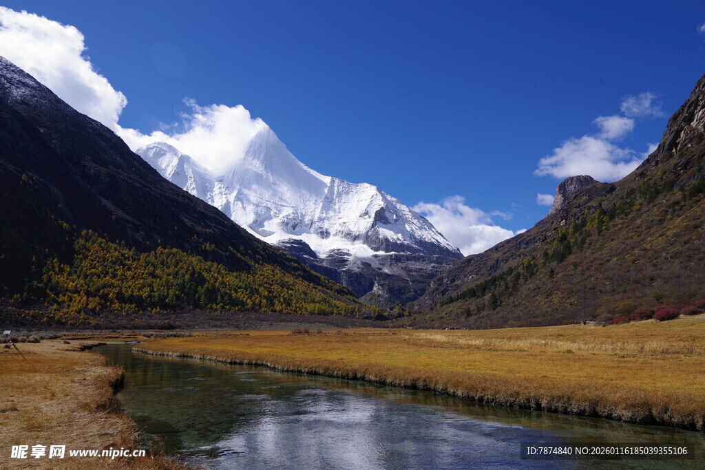雪山下的静谧河谷风光