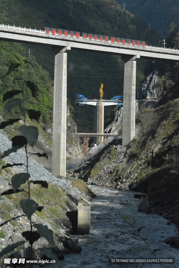 山间高架桥横跨湍急河流