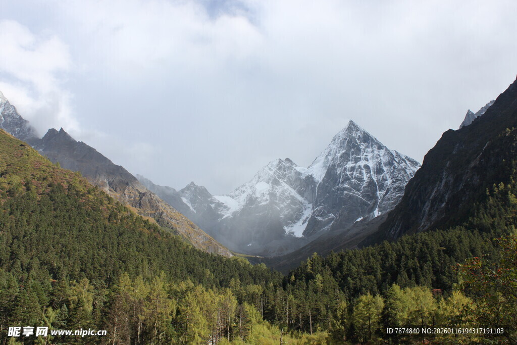 壮丽山林间的巍峨雪山