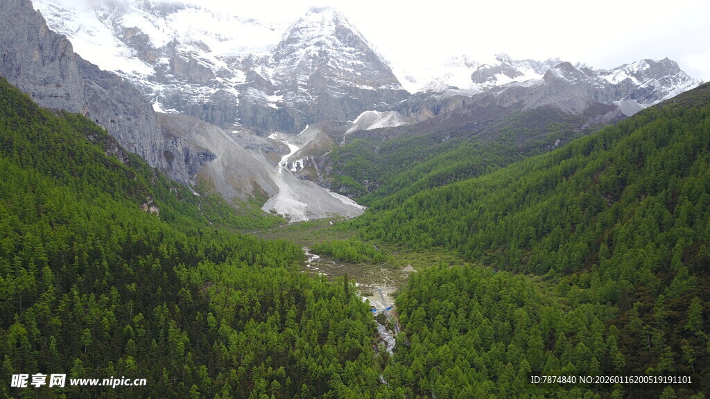 雪山下的翠绿山谷风光
