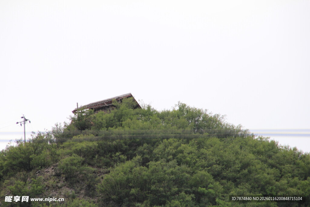 山顶小屋隐于葱郁植被中