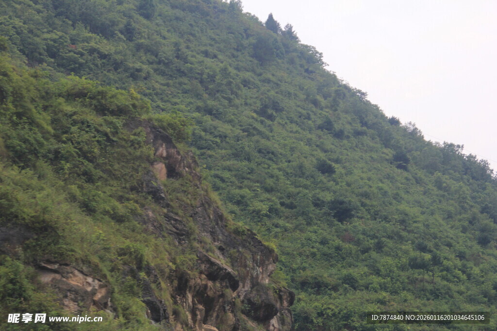 青山葱郁的陡峭山坡