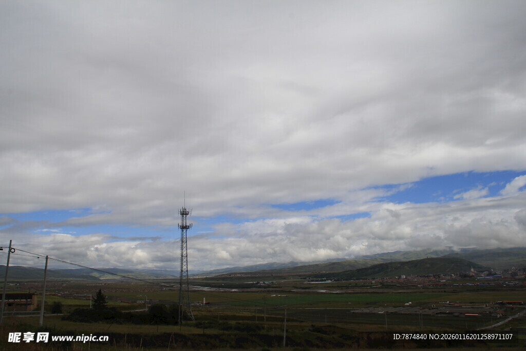 阴天旷野中的电线杆景观