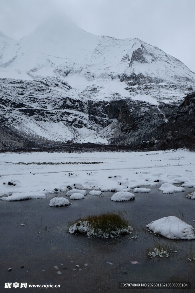 雪山下的冰封水域景观