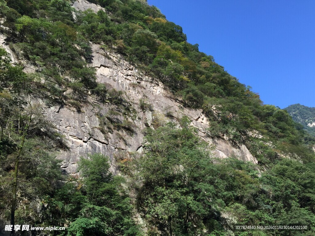 青山绿树间的陡峭山壁