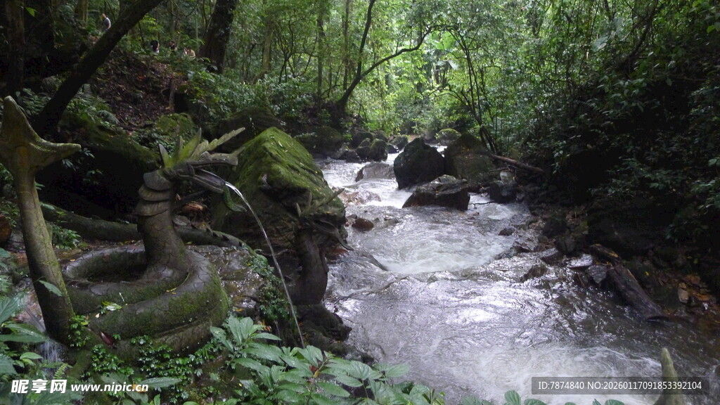 山间溪流中废弃轮胎景象