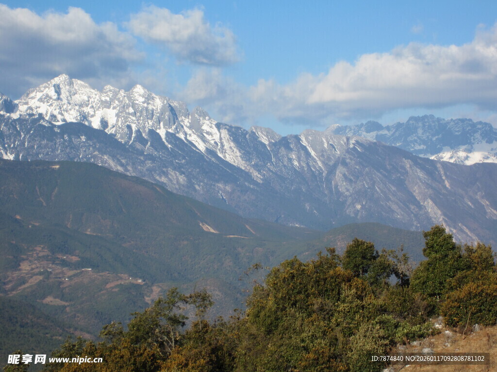壮丽雪山与葱郁山林景观