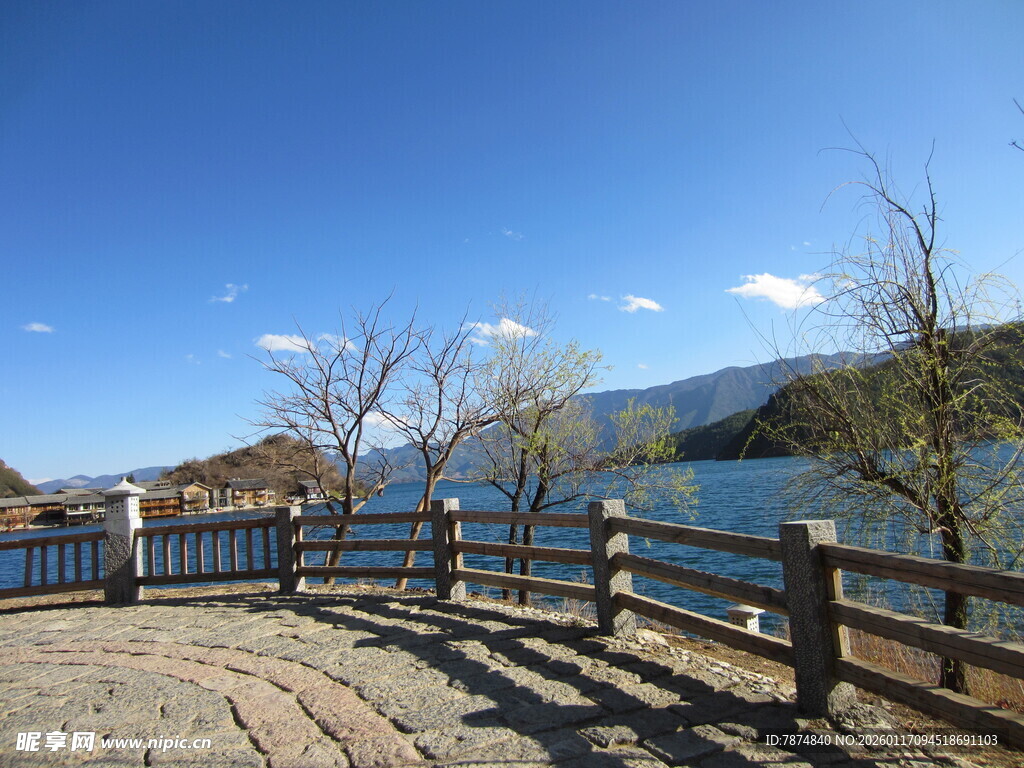 湖畔木栏风景