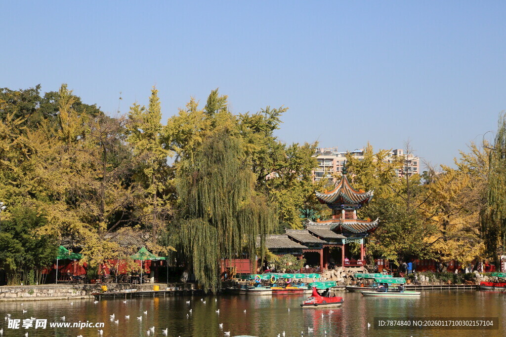 秋日湖畔游船赏景画面