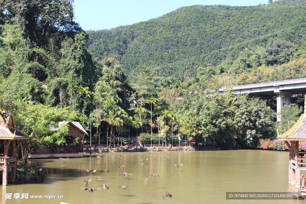 河畔小屋与青山绿水景观