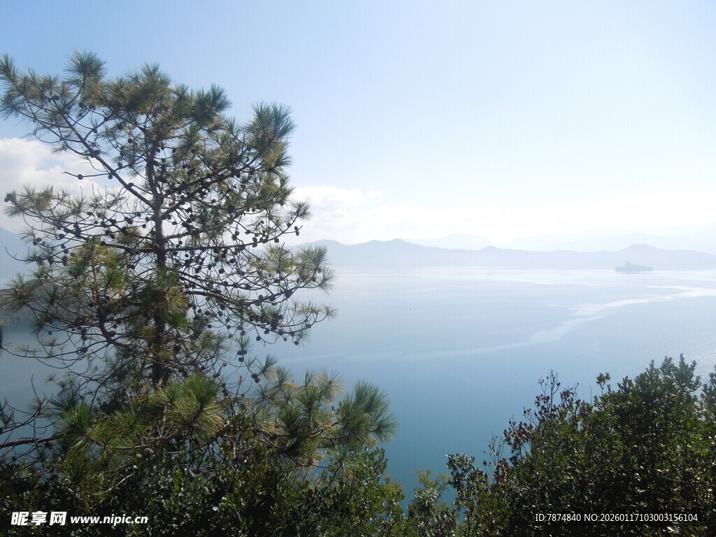 湖畔绿树映蓝天美景
