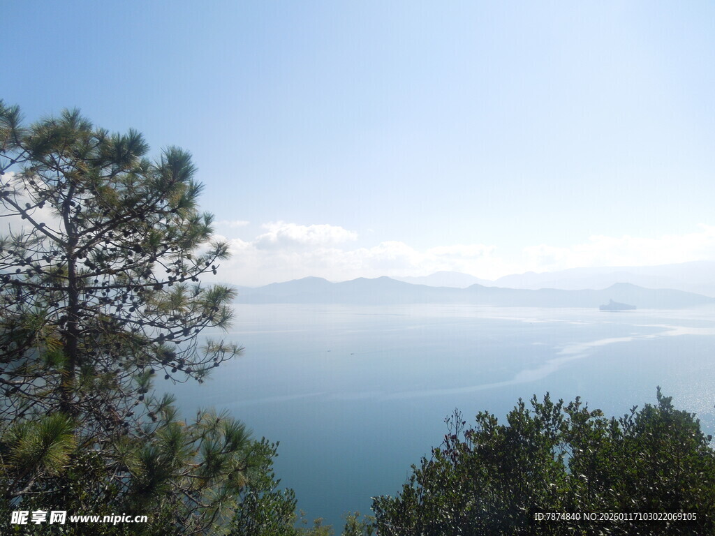 湖畔绿树映蓝天美景