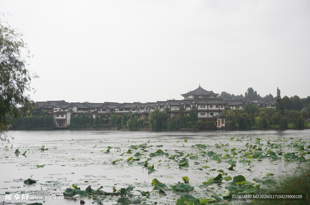 雨中荷塘畔的中式建筑群