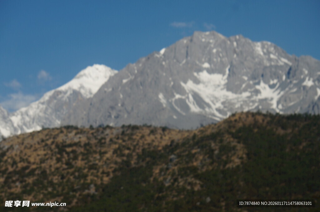 巍峨雪山与葱郁山林景观