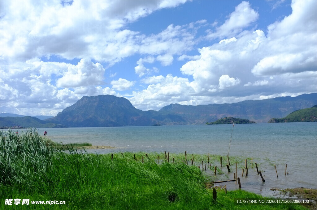 湖畔绿野与远处山峦美景