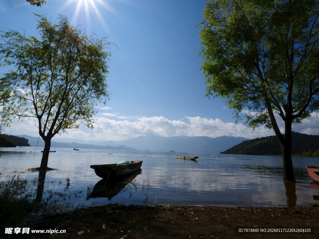 湖畔阳光小船与绿树美景