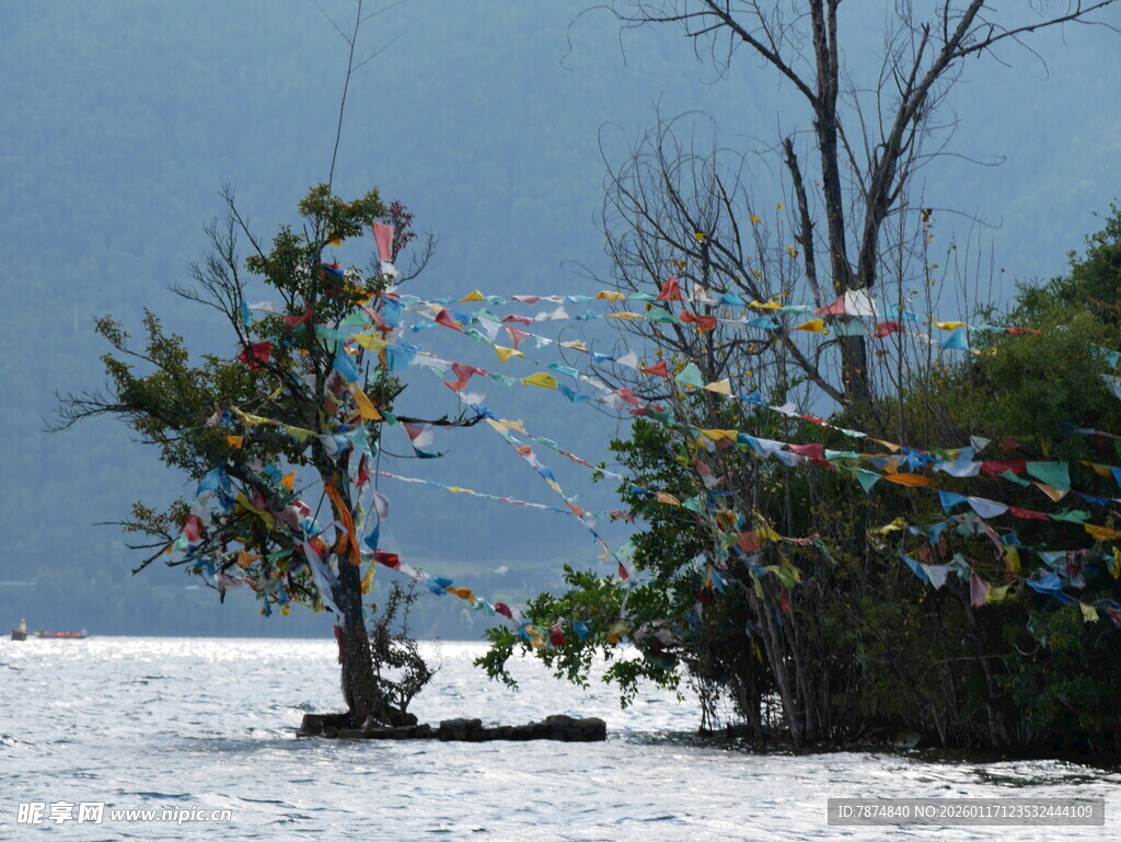 湖畔经幡树 尽显藏地风情