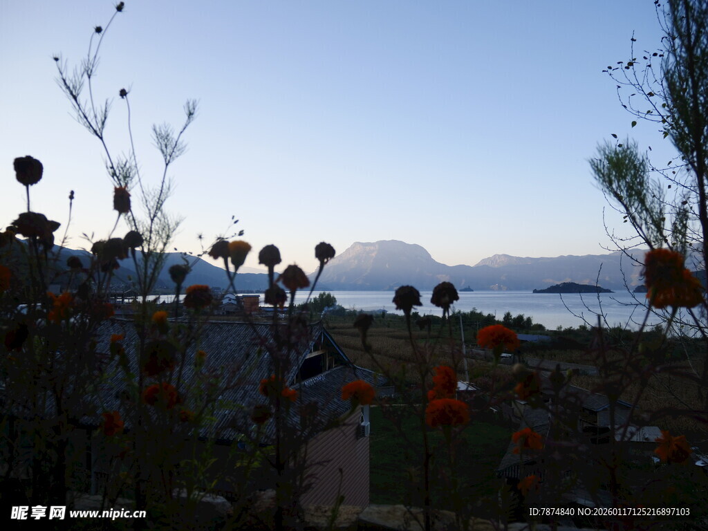 湖畔花丛边的美丽景致