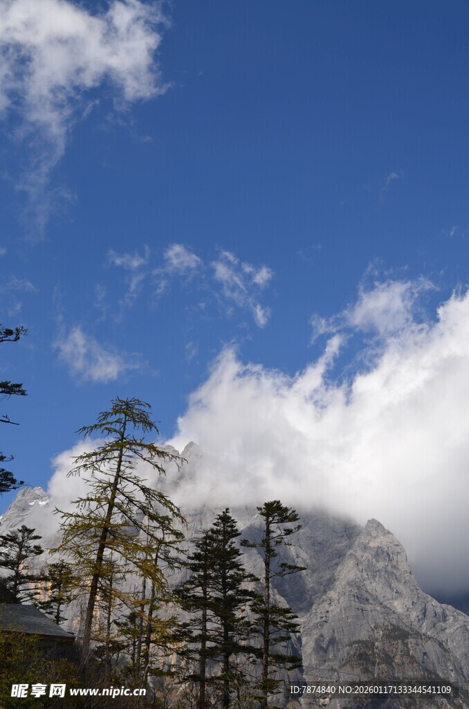 蓝天白云下的山林与山峰