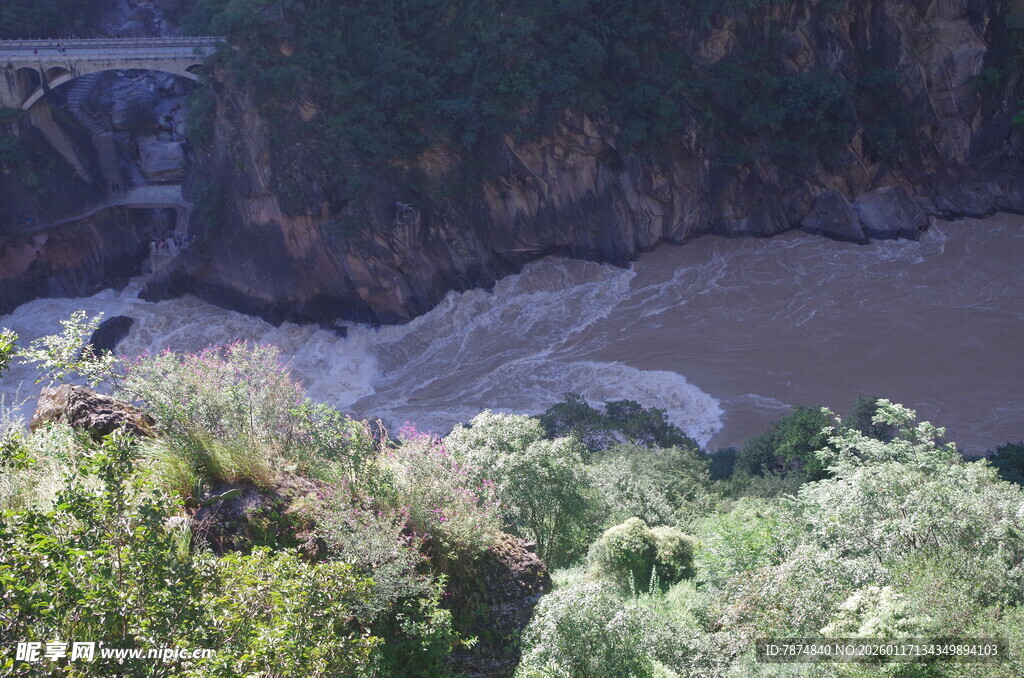 山间湍急河流与繁茂植被