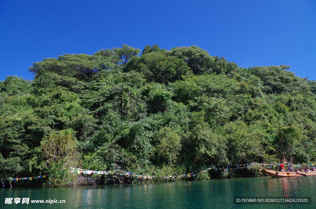 湖畔葱郁山林美景