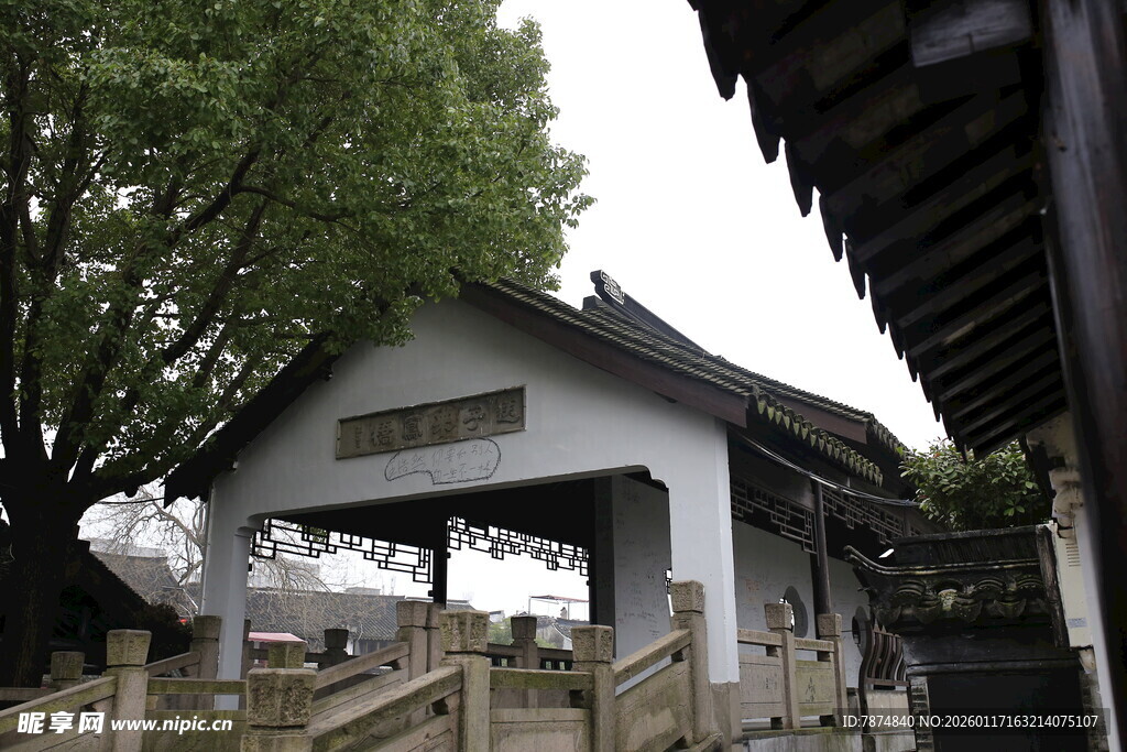 中式小屋旁的葱郁绿树
