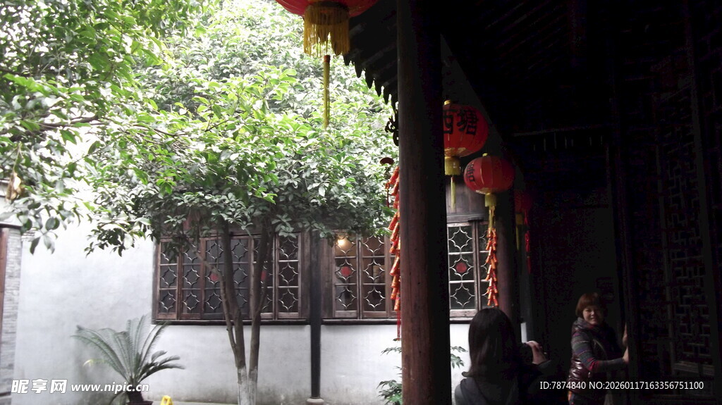古建廊下绿意中的静谧场景