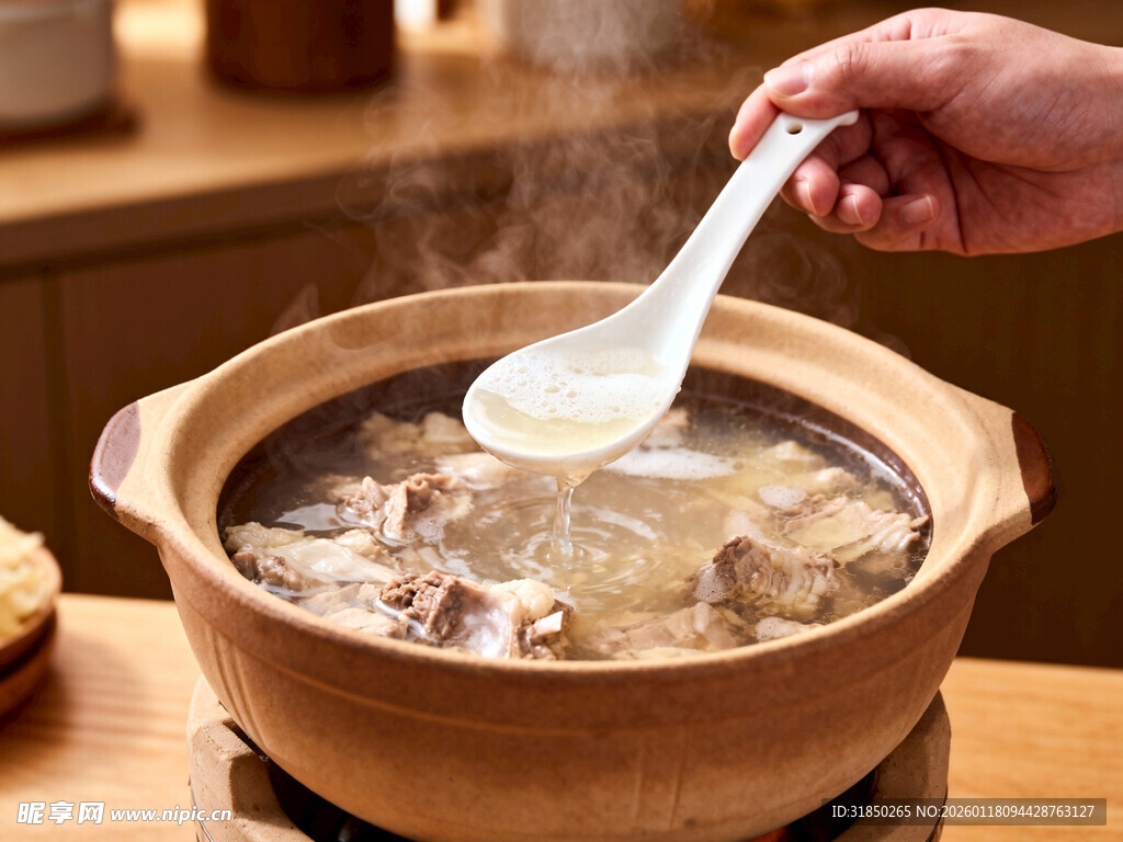 砂锅煲汤热气腾腾的美味