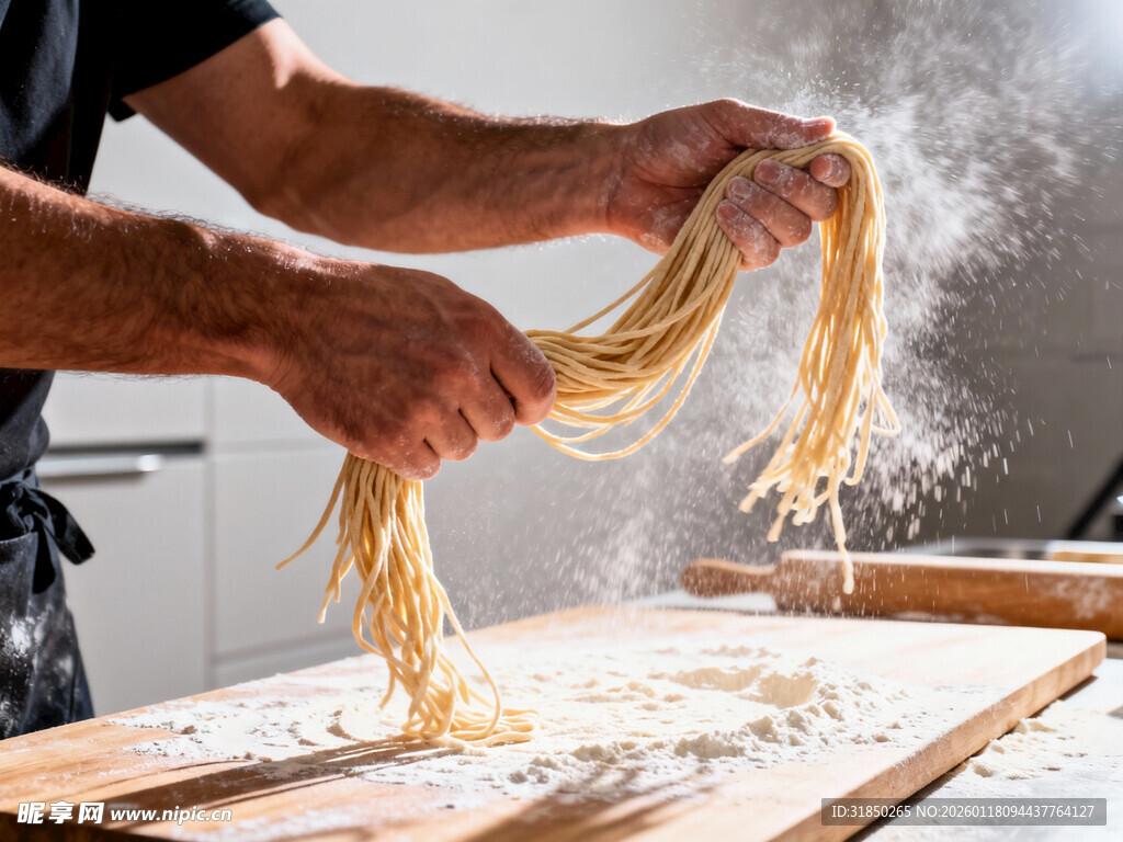 手工制作面条的精彩瞬间