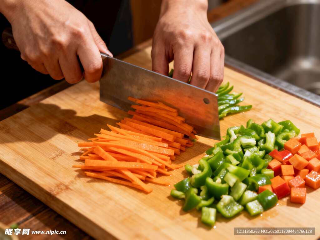 双手切配多彩新鲜蔬菜
