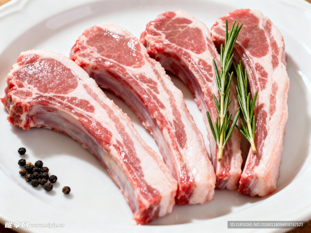 新鲜羊排摆盘点缀香草