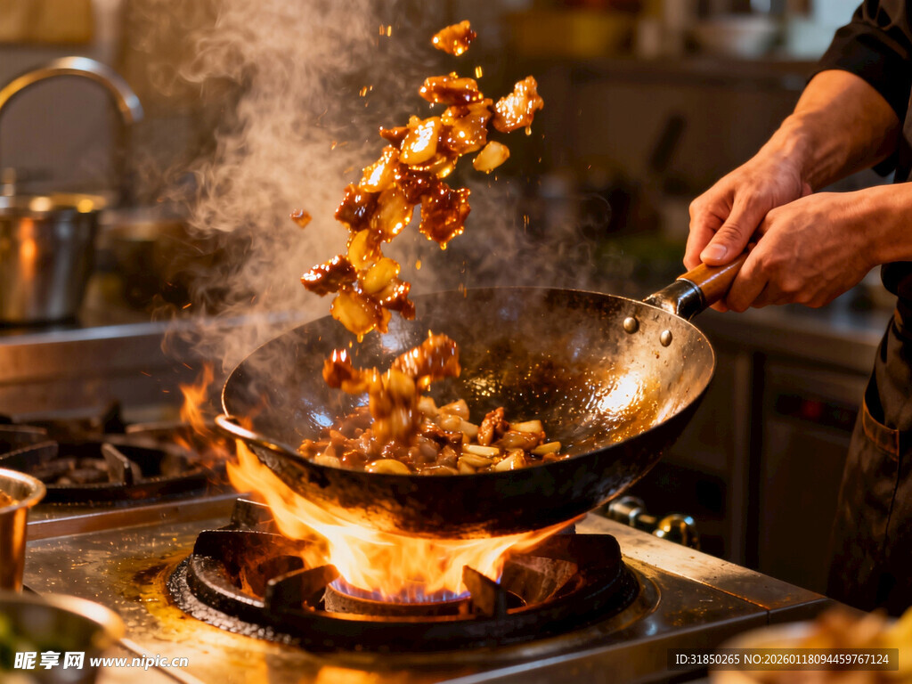 厨师旺火颠锅烹饪美食